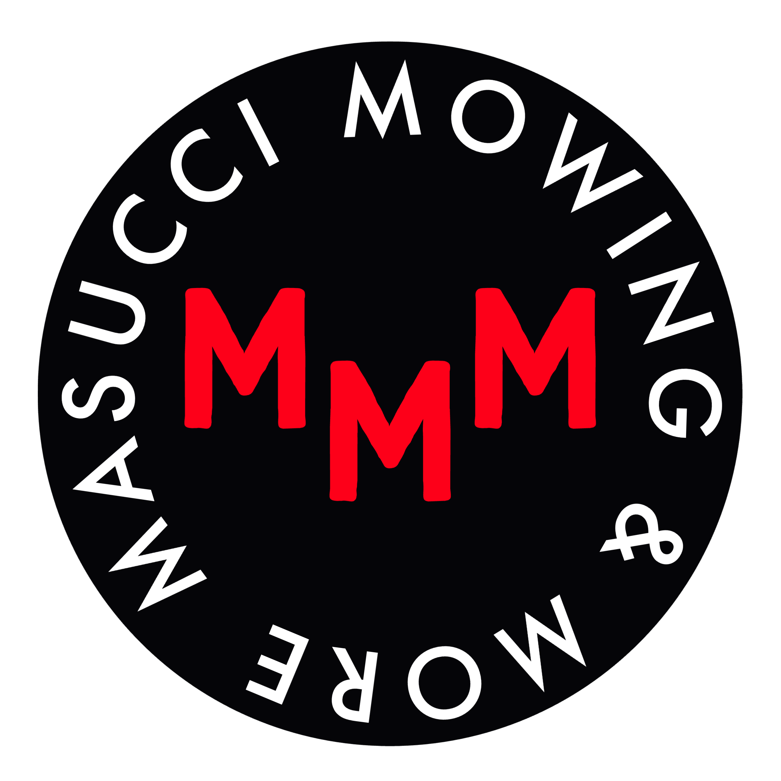 Masucci Mowing & More logo in a black circle with small white writing on the outside that says masucci mowing & More with MMM in red in the middle of the circle.